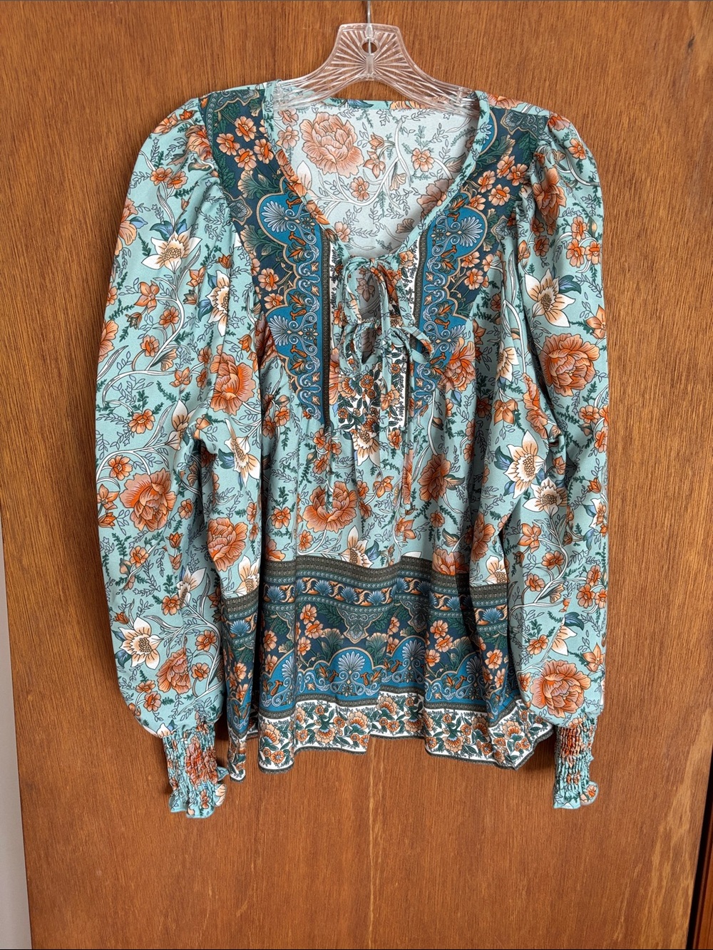 Women’s Floral Lace-Up Tunic Top in Teal and Rust